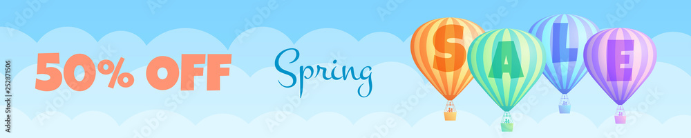Obraz premium Hot air balloon sale travel vector illustration. Gift voucher or discount banner with colorful striped hot air balloons, white clouds and summer blue sky and sign Spring Sale. Clipping mask applied.