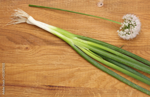 Fresh green onion on a wooden background. Top view