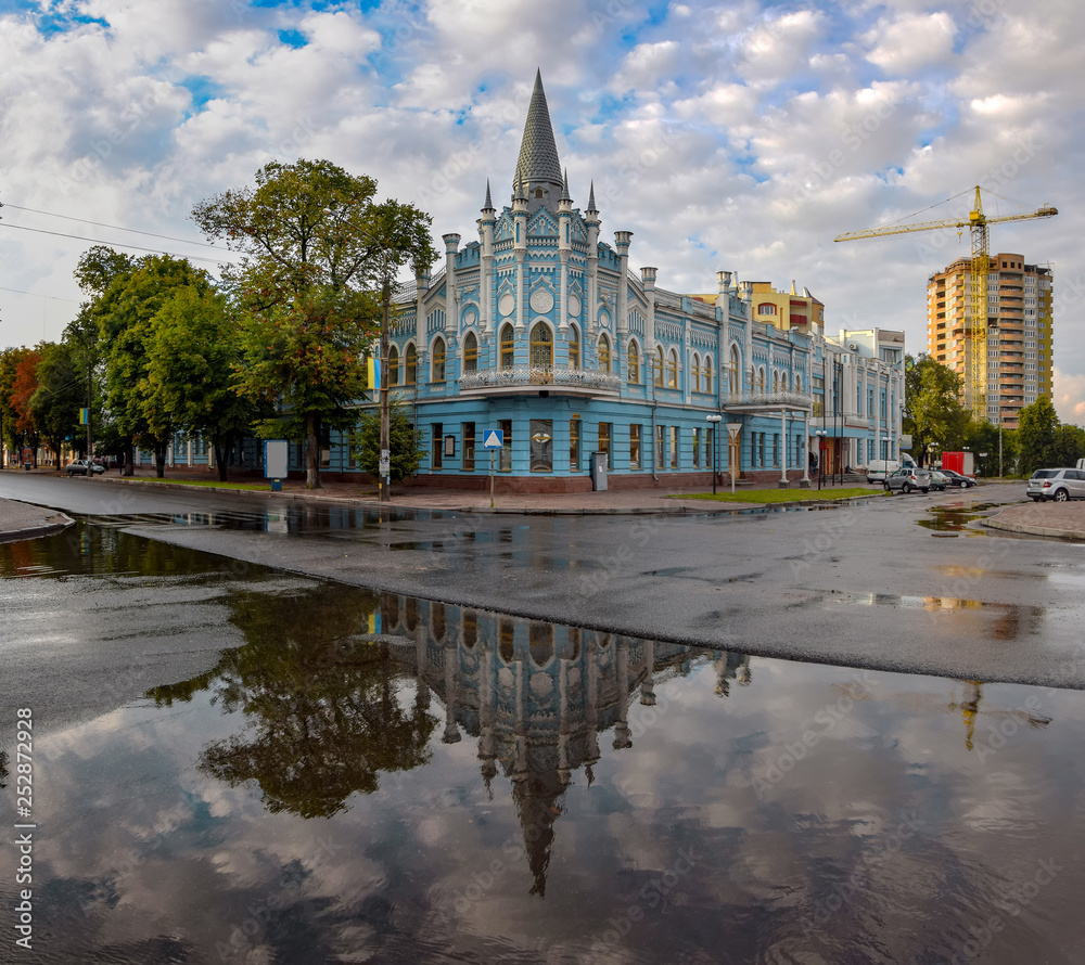 Scenic cityscape of Cherkasy, Ukraine. Building of former Sloviansky hotel - historical building and symbol of the city