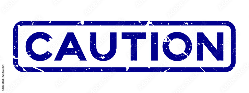 Fototapeta premium Grunge blue caution word square rubber seal stamp on white background