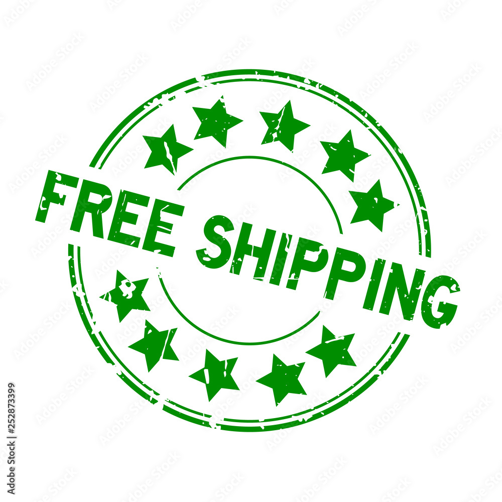Grunge green free shipping word with star icon round rubber seal stamp on white background