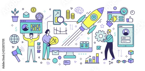 Banner template with computer display, diagrams, charts, graphs, flying space...