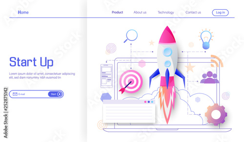 Rocket launch to target for success and income business modern flat design concept, business project startup process, idea through planning and strategy vector