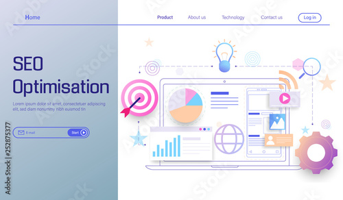 SEO optimization technology modern flat design, search engine analytics, web analytics, social and data analytics vector