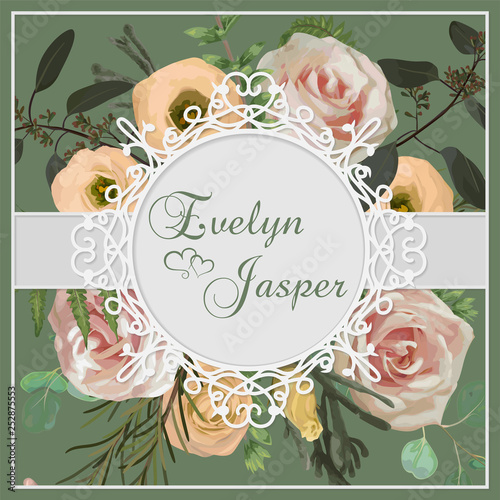 Wedding vertical floral invitation, invite card. Vector set pink rose flowers, eustoma cream, brunia, green fern, eucalyptus, branches buxus. Round decorative, exquisite frame with carved