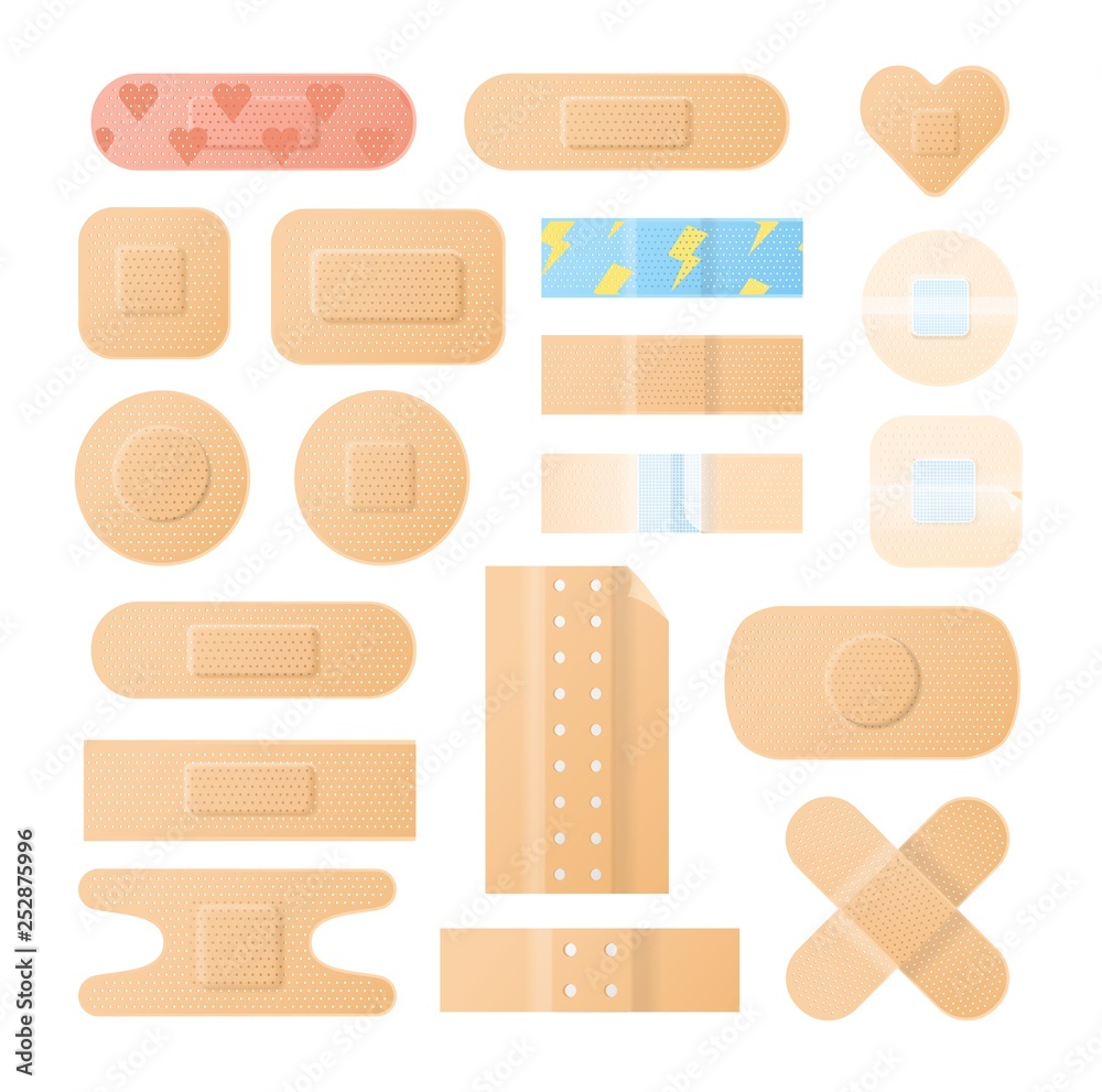 Collection of adhesive bandages, plasters or patches isolated on white  background. Bundle of medical dressings of various types for wounds and  injuries. Modern vector illustration in flat style. Stock Vector | Adobe