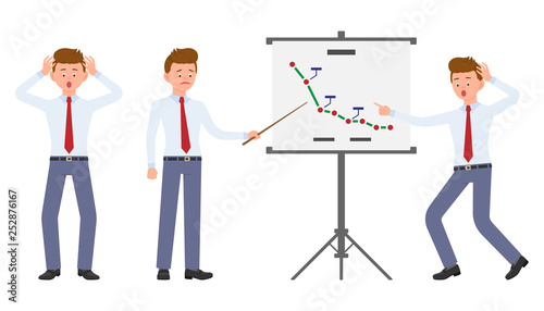 Young office worker making presentation shocked, surprised, amazed, under the pressure. Cartoon character design of stressed, worry, nervous, scared man emotions concept - Vector