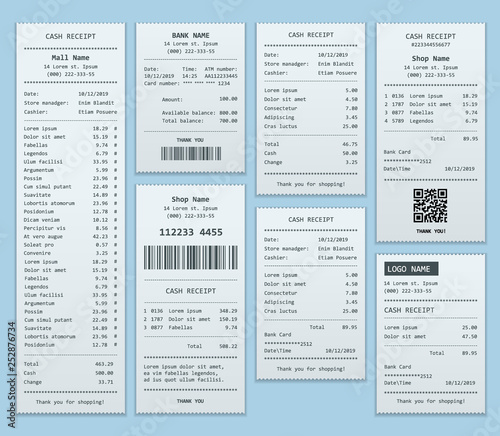 Set Paper check and financial check isolated. Cash register sales receipts printed on thermal rolled paper. Cash receipt vector illustration photo