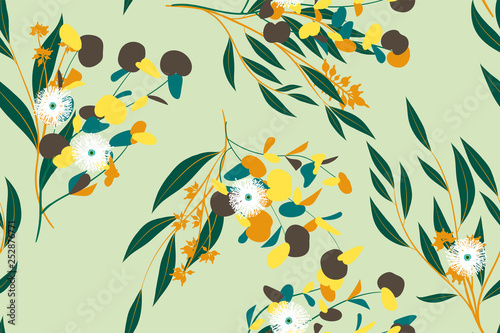 Bright Floral Seamless Pattern. Vector Eucalyptus Leaves and Beautiful Blossom Elements. Colorful Botanical Summer Background. Floral Seamless Pattern for Wedding Design  Print  Textile  Fabric  Paper