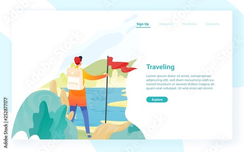 Web banner template with backpacker, hiker, traveller or explorer and place for text. Hiking, backpacking, trekking, adventure tourism and travel. Modern flat vector illustration for advertisement.