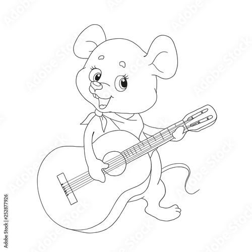 Cute cartoon character little mouse. Cheerful musician. Little mouse guitarist. Vector illustration on white background. Contour for coloring-books. Page for children's creativity.