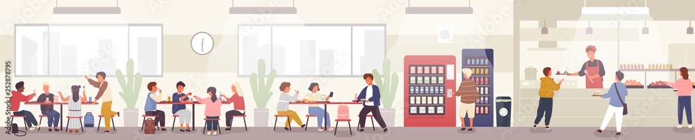 School cafeteria, canteen or dining hall with pupils carrying trays with meals, sitting at tables and eating lunch, buying snacks at vending machine. Vector illustration in flat cartoon style. - obrazy, fototapety, plakaty 