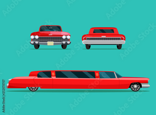 Red limousine two angle set. Car side view, back view and front view. Vector flat style illustration.