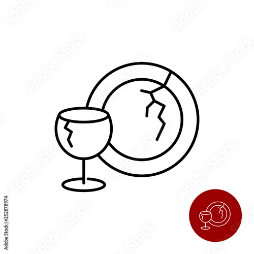 Broken glass dishes icon. Wine glass and plate.