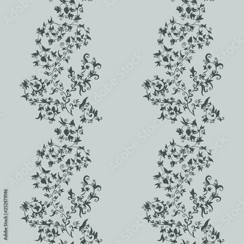 Hand drawn flower seamless pattern. Dark gray floral backdrop tracery on gray background, vector illustration