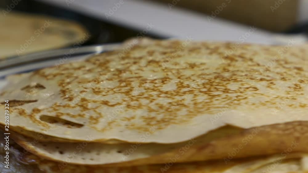 Greasing Butter Pile Stack Of Hot Pancakes On Table. Greasing Butter Pile Stack Of Hot Pancakes On Table.