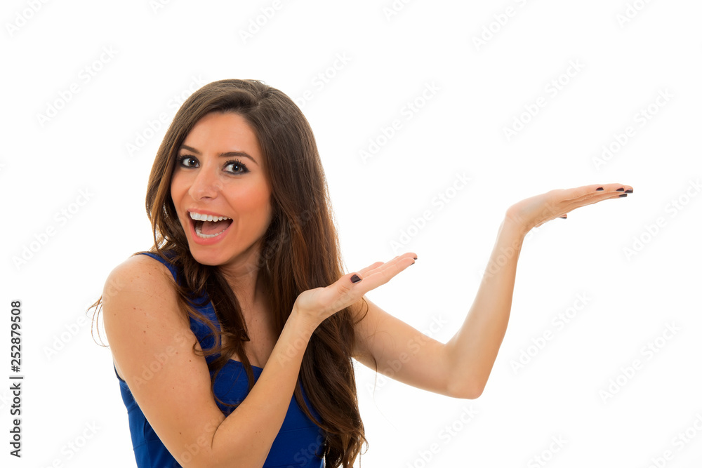 Happy woman pointing to the copy space Happy woman pointing to the copy space