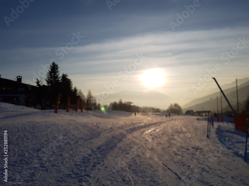 Sunset at a Ski and snowboard track in Sestriere, Italy