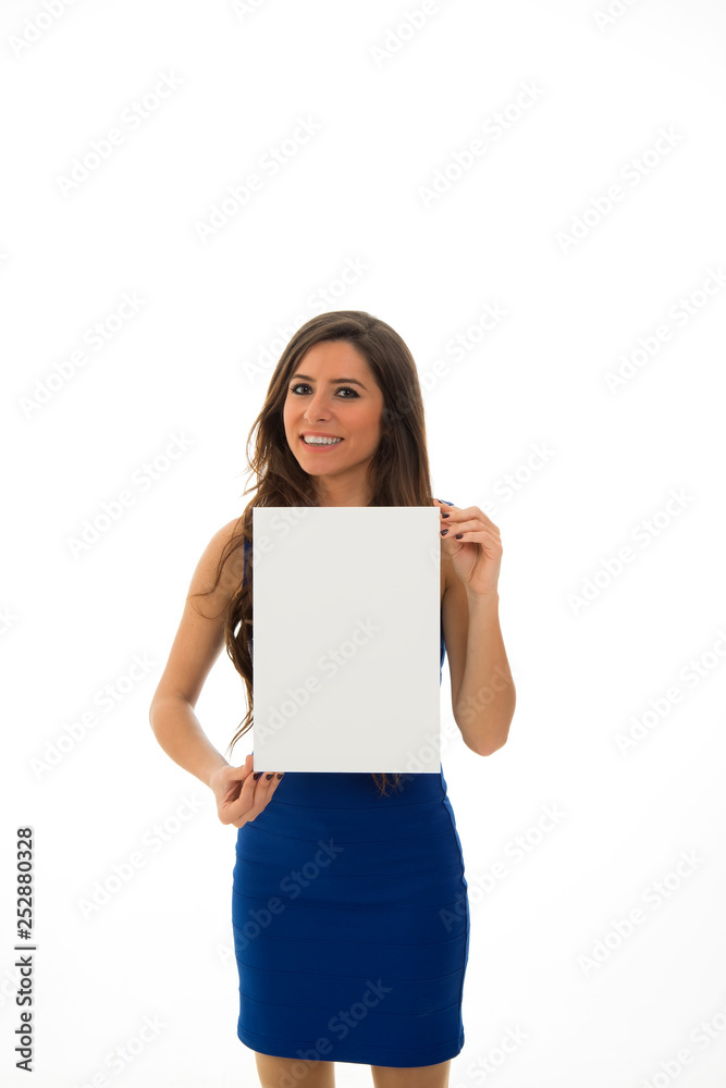 young woman holding sign business board. isolated portrait of casual dressed woman. young woman holding sign business board. isolated portrait of casual dressed woman.