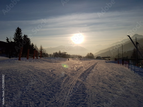 Sunset at a Ski and snowboard track in Sestriere, Italy