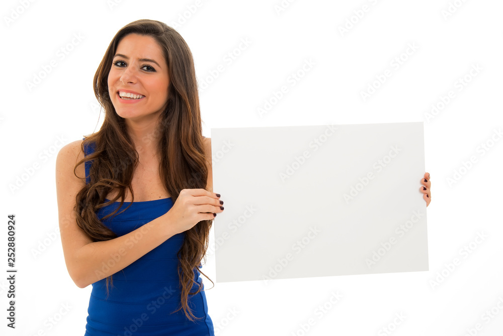 young woman holding sign business board. isolated portrait of casual dressed woman. 