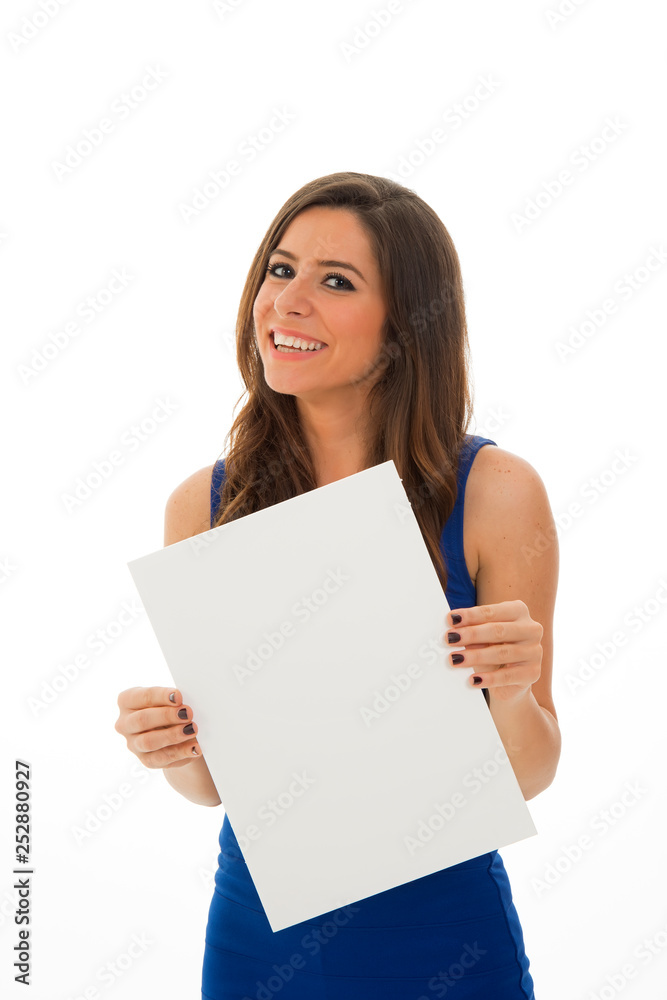 young woman holding sign business board. isolated portrait of casual dressed woman. young woman holding sign business board. isolated portrait of casual dressed woman.