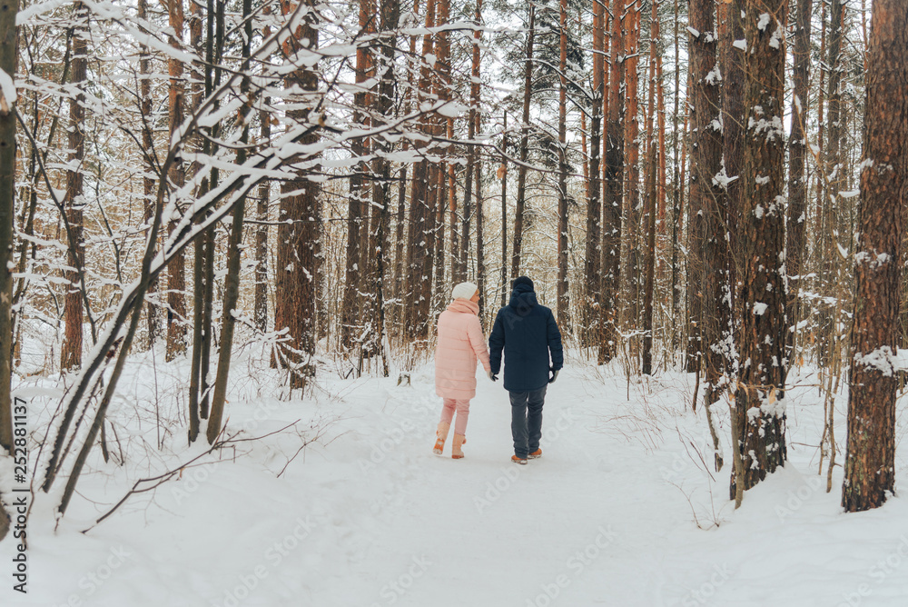 A loving couple walks in the woods. Family walk in the winter forest