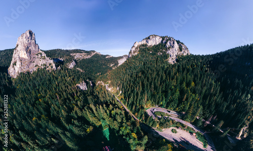 Aerial view Bicaz Gorge panorama in the Carpathian Mountains near Hasmas and Ceahlau National Parc. Big size panorama, travel to Europe, vacation concept. Romania photo