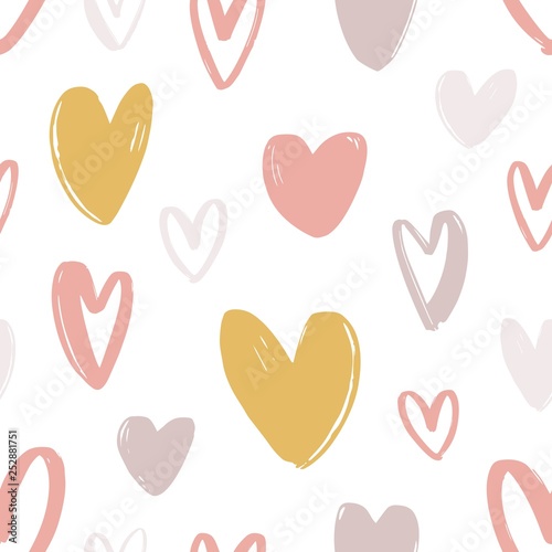 Εκτύπωση καμβά Romantic seamless pattern with cute stylized hand drawn hearts on white backgrou