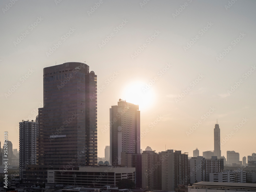 view of cityscape on sunset with air pollution, monotone color, Bangkok Thailand