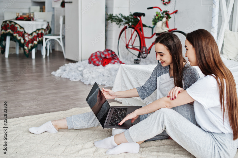 Two twins models with laptop on studio looking something. Two twins models with laptop on studio looking something.