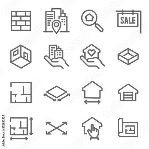 Real Estate Line Icon Set. Contains such Icons as Blueprint, Floor plan, Search and more. Expanded Stroke