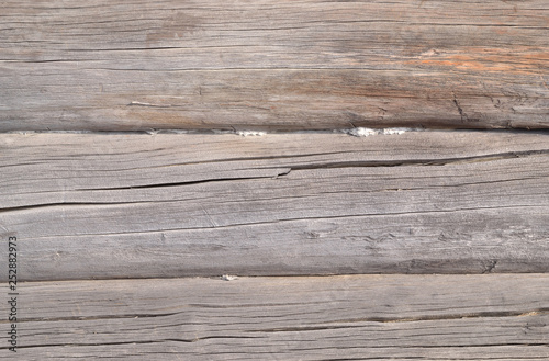 Wall of timber. Close up. Texture, background. The wall of the shed. Dry wood with cracks.