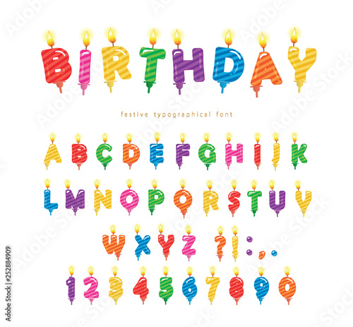 Birthday candles colorful font design. Bright festive ABC letters and numbers isolated on white. Vector