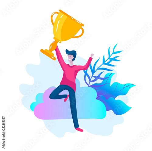 Business Team Success hold Golden winner cup, concept of people are happy with victory. Office Workers Celebrating with Big Trophy, ways goals, first place in business, financial growth. Landing page