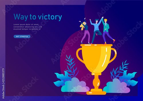 Business Team Success hold Golden winner cup, concept of people are happy with victory. Office Workers Celebrating with Big Trophy, ways goals, first place in business, financial growth. Landing page