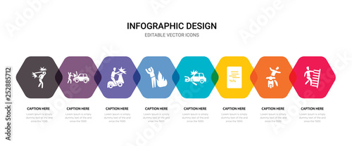 simple set of falling from stairs, motorcycle accident, document, car accident icons, contains such as icons fire, becycle accident, accident, car accident and more. 64x64 pixel perfect. editable