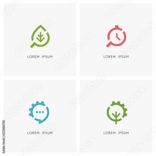 Search and gear wheel logo set. Green leaf, clock and loupe or magnifier, chat or message, tree and pinion symbol - industry, nature and ecology, time management and business communication icons.