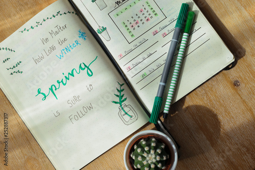 Spring quote. Lettering and sketching example. March calendar. Pen and cactus. 