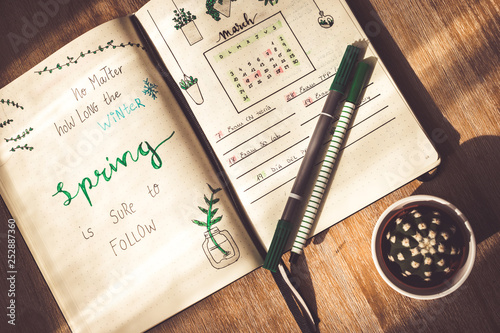 Spring quote. Lettering and sketching example. March calendar. Pen and cactus. 