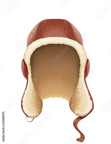 Pilot leather helmet. Winter hat with fur. Aviator headgear. Air trend. Male fashion. Warm dress. Occupation equipment. Isolated white background. Eps10 vector illustration.