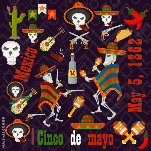 set of color_1_illustrations of elements  icons  for design on the Mexican theme of Cinco de mayo celebration in the style of flat