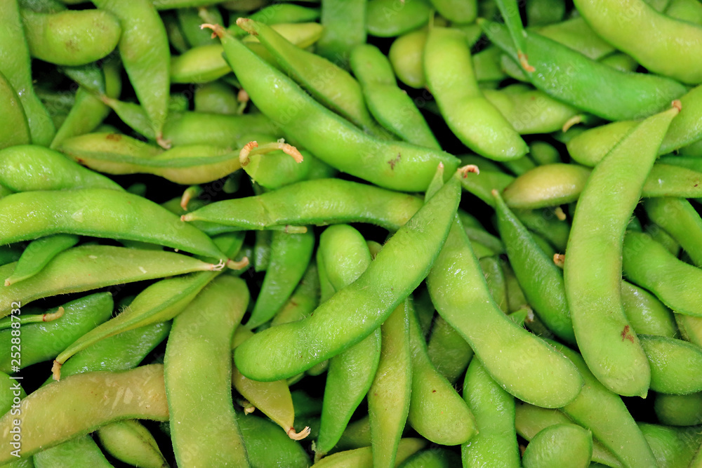 Top View of Heap of Fresh Green Soybean or Edamame selling in the Market