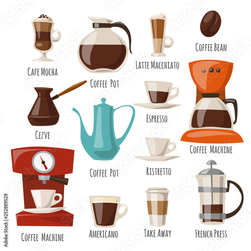 Vector coffee icons set with food and drink elements. 