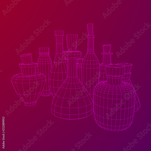 Set of wine bottles. Model wireframe low poly mesh vector illustration