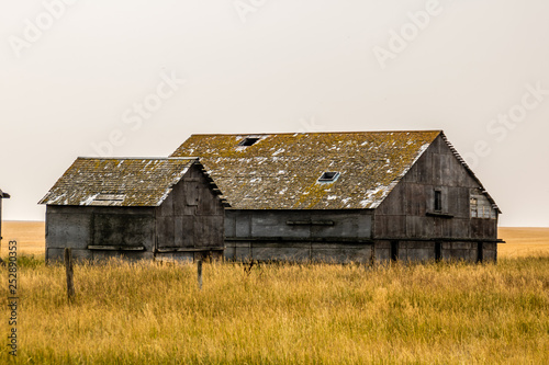 A sign of the times, run diown farm out buildings and barns, Alberta, Canada
