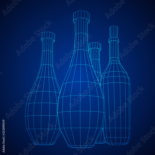 Set of wine bottles. Model wireframe low poly mesh vector illustration