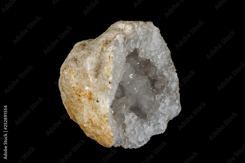 Macro mineral stone Quartz geode black background Macro mineral stone Quartz geode black background