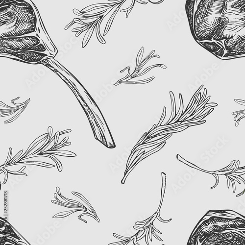 Vector seamless pattern with hand drawn raw beef rib and rosemary branches. Engraved pattern design with spices and meat cuts for steak house, restaurant and farm market packaging on gray background.