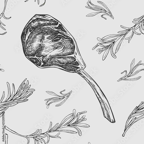 Vector seamless pattern with hand drawn raw beef rib and rosemary branches. Engraved pattern design with spices and meat cuts for steak house, restaurant and farm market packaging on gray background.